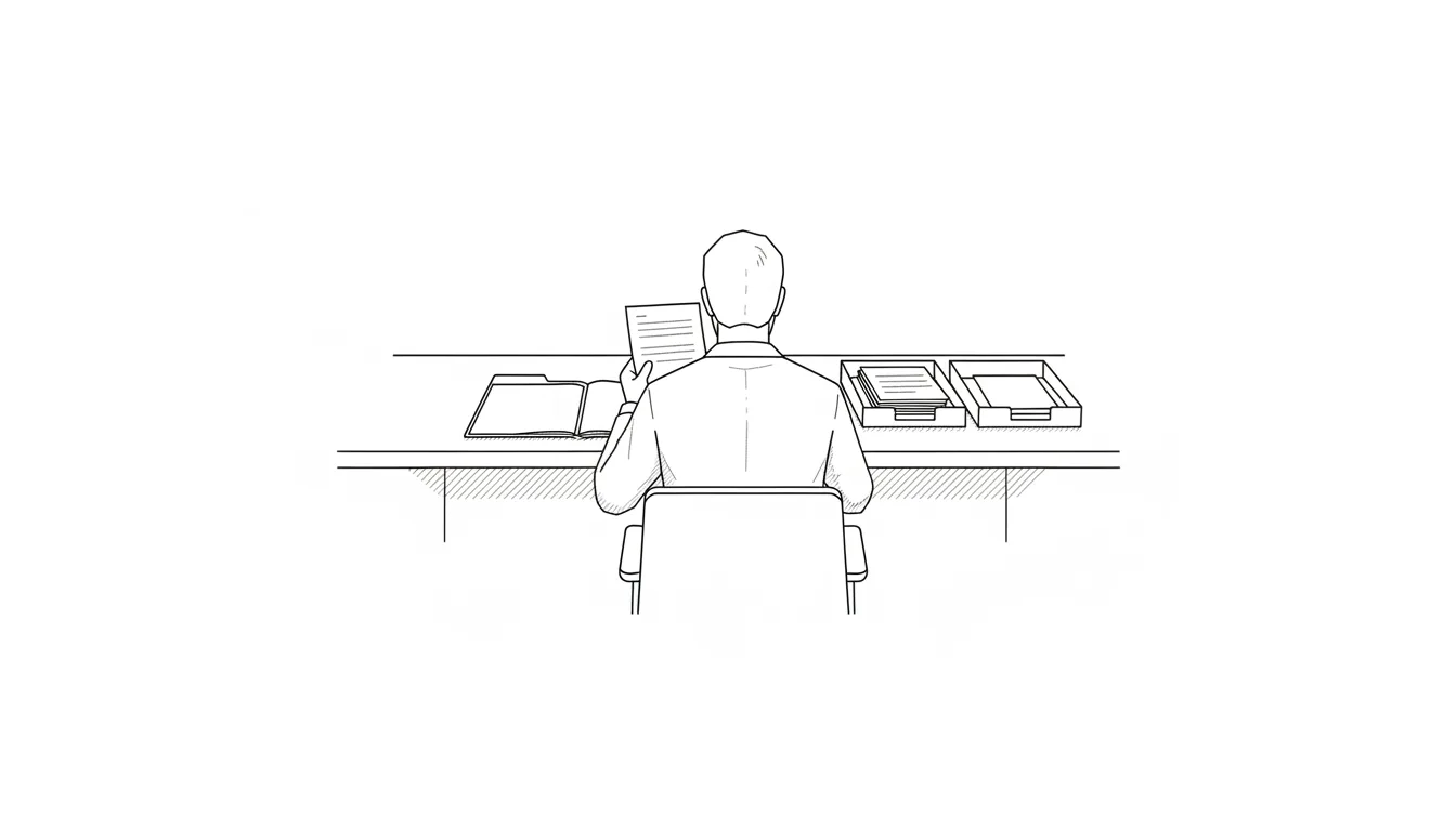 Ilustración monocroma: una persona sentada de espaldas al lector revisa una hoja tomada de una carpeta abierta, con tres bandejas separadas sobre el escritorio.