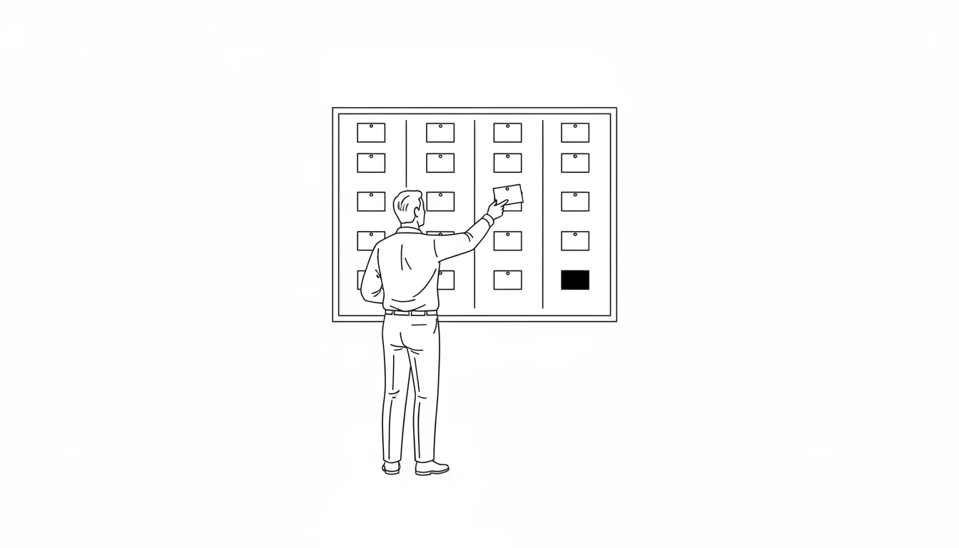 Ilustración monocroma: una persona de espaldas frente a un tablero de pared con cuatro columnas de fichas; toma una ficha de la última columna y la devuelve a la primera.