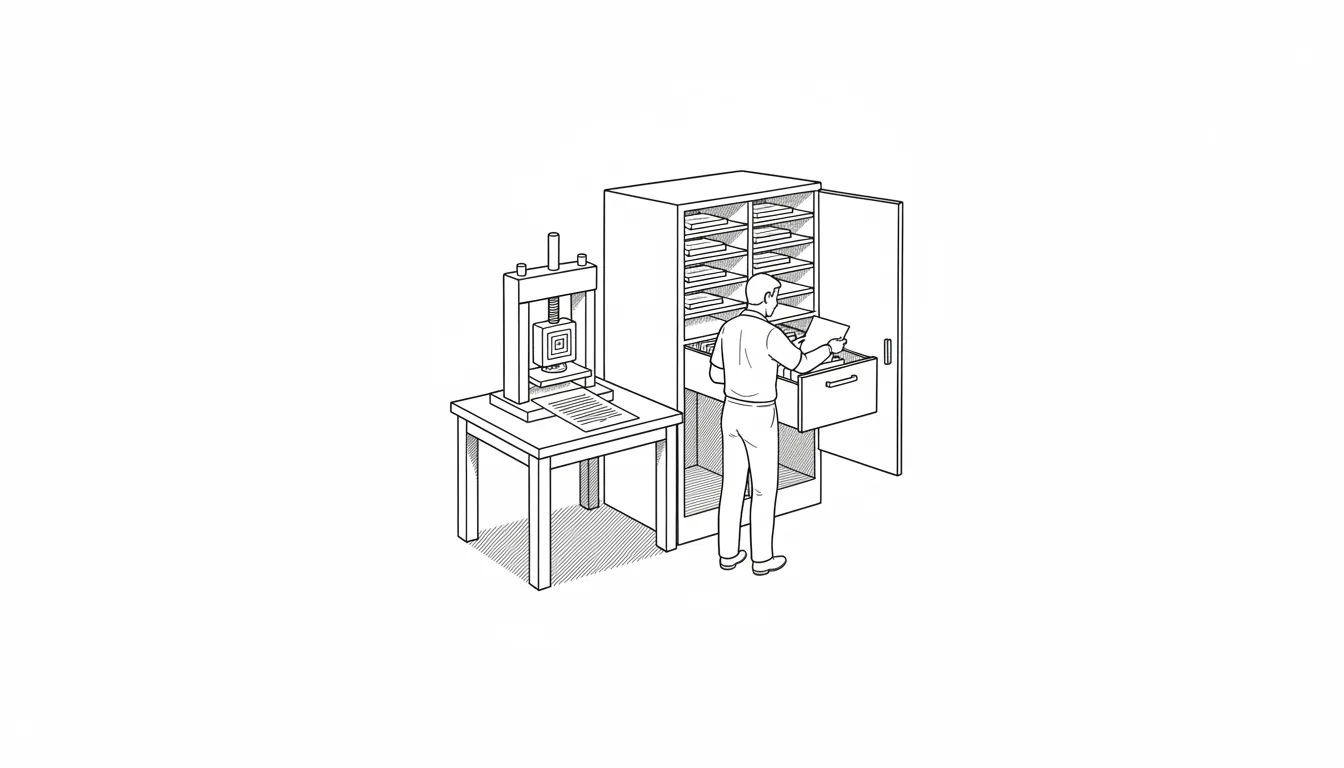 Ilustración monocroma: una persona archiva una hoja en un cajón abierto de un archivador vertical; sobre la mesa contigua, una prensa de sello con un emblema geométrico en su platina.