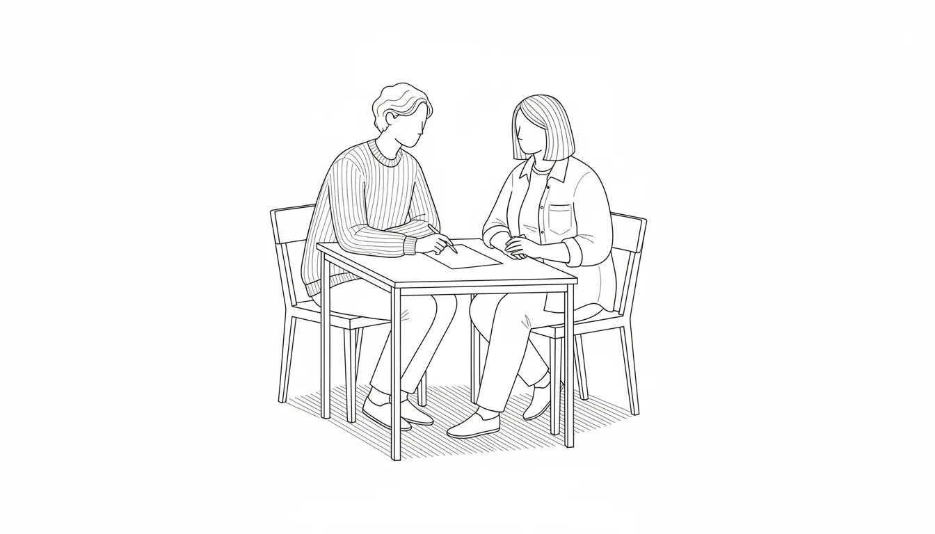 Ilustración monocroma: dos personas visiblemente distintas, sentadas a ambos lados de una mesa, conversan sobre una única hoja apoyada entre las dos; una de ellas sostiene una lapicera.
