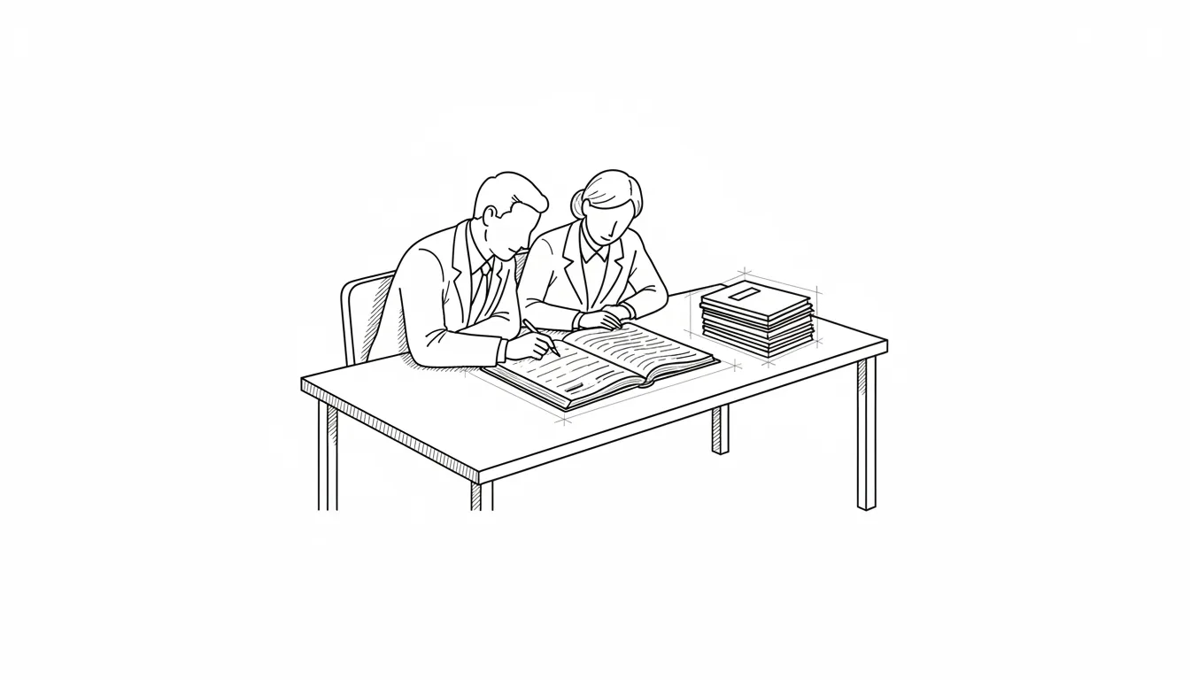 Ilustración monocroma: dos personas sentadas al mismo lado de una mesa revisan juntas un libro de registro abierto; a un costado, una pila de versiones anteriores del mismo documento, ligeramente desplazadas.